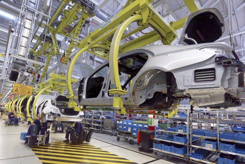 Mercedes-Benz Sindelfingen assembly line. Archival illustration of European automotive manufacturing.