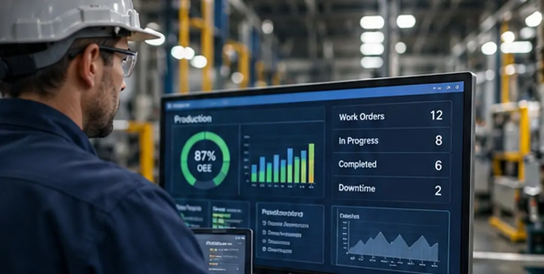 Production operator reviewing machine performance dashboard