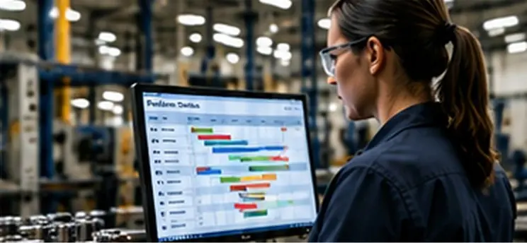 Manufacturing operations team reviewing production data and work-in-process progress